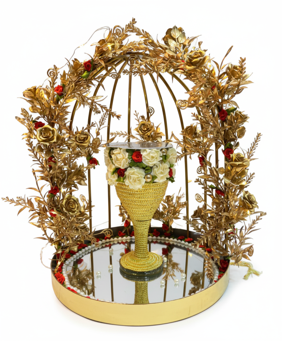 Royal Floral Golden Doodh Pilai Glass Set with LED Lights