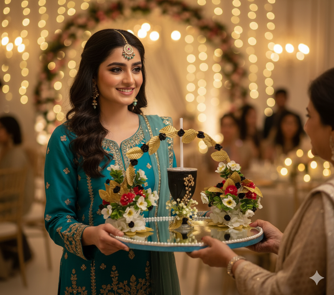 White, Black & Golden Floral Doodh Pilai Glass with Big Mirror Tray