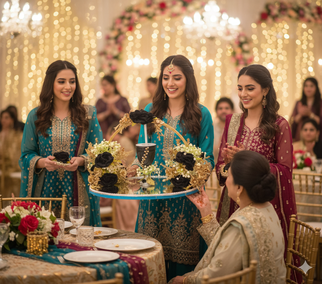 Black Roses & Golden Floral Doodh Pilai Glass with Big Mirror Tray