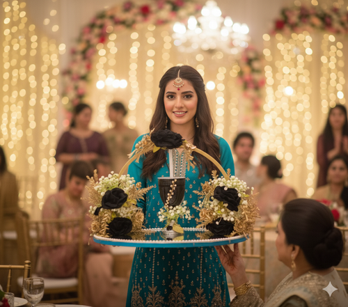 Black Roses & Golden Floral Doodh Pilai Glass with Big Mirror Tray
