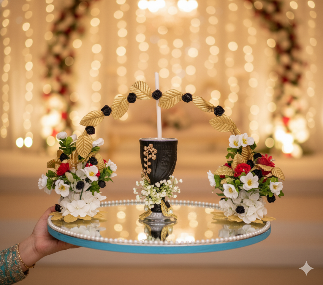 White, Black & Golden Floral Doodh Pilai Glass with Big Mirror Tray