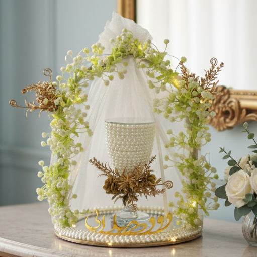 White Floral Pearl Doodh Pilai Glass with LED Lights