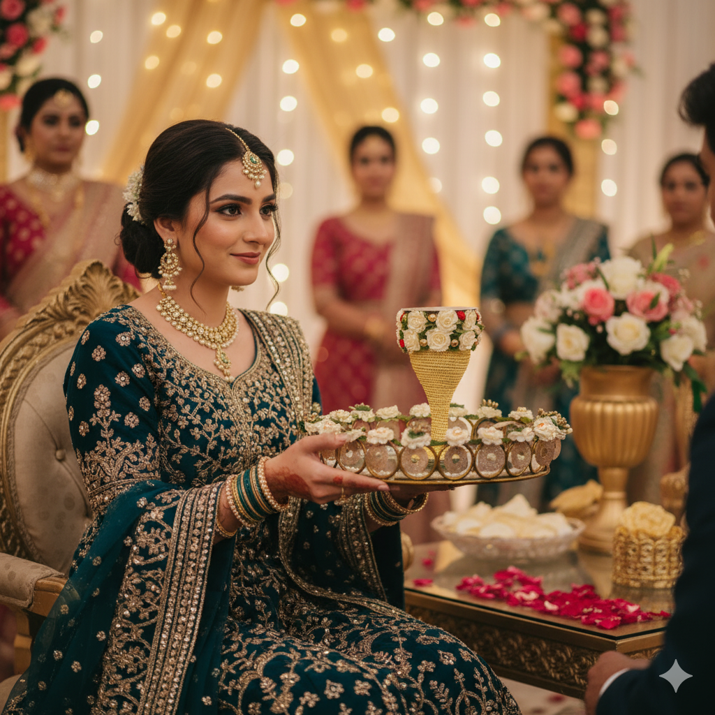 Golden Doodh Pilai Glass with Special Metallic Mirror Tray