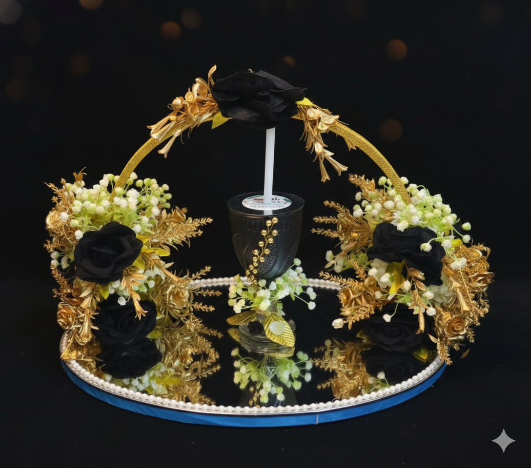 Black Roses & Golden Floral Doodh Pilai Glass with Big Mirror Tray