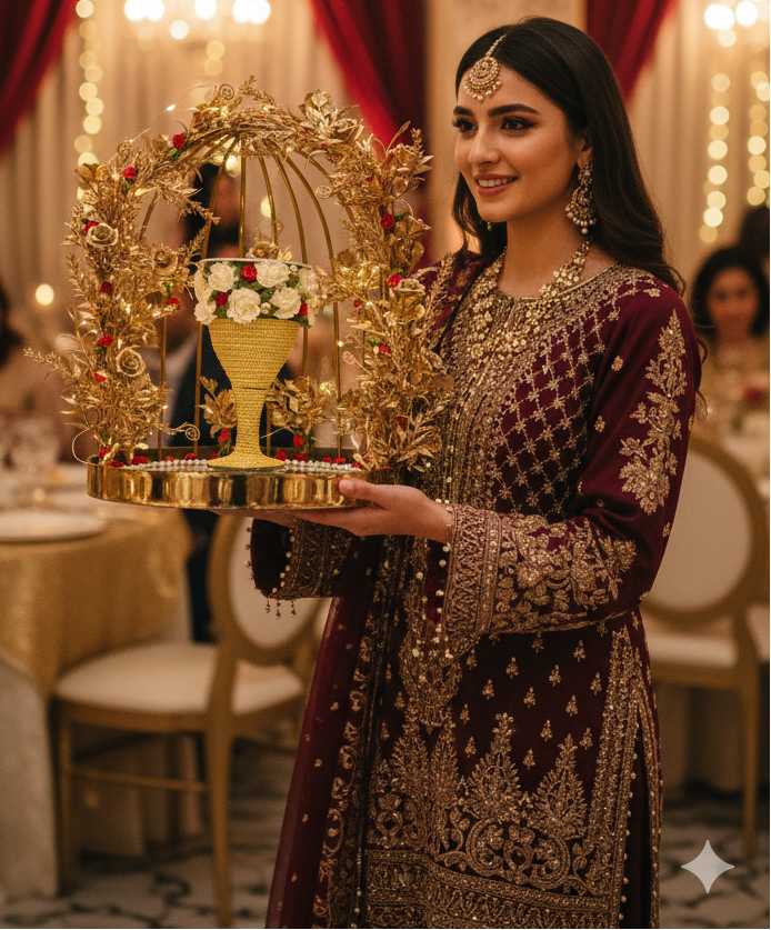 Royal Floral Golden Doodh Pilai Glass Set with LED Lights