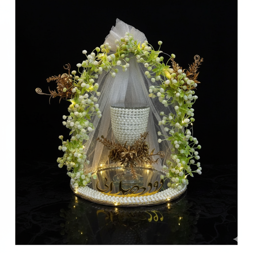White Floral Pearl Doodh Pilai Glass with LED Lights