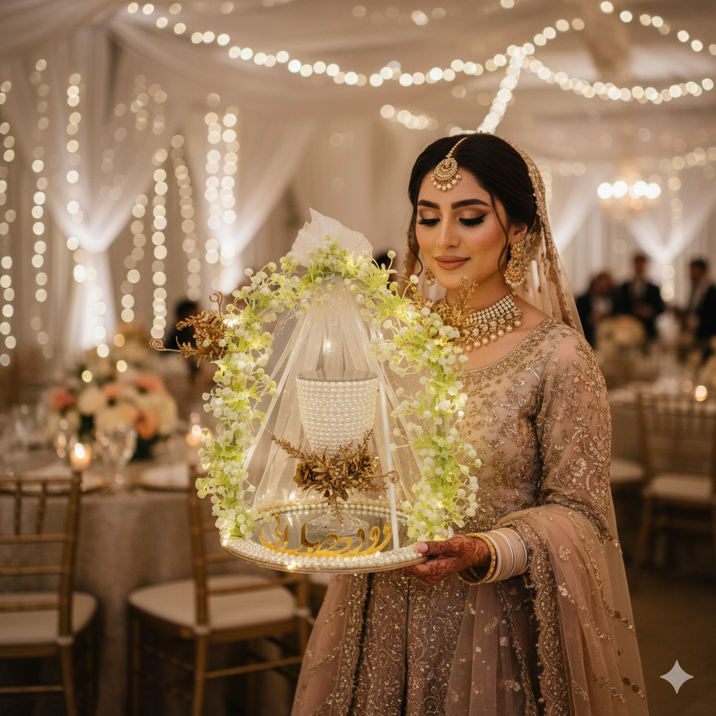 White Floral Pearl Doodh Pilai Glass with LED Lights