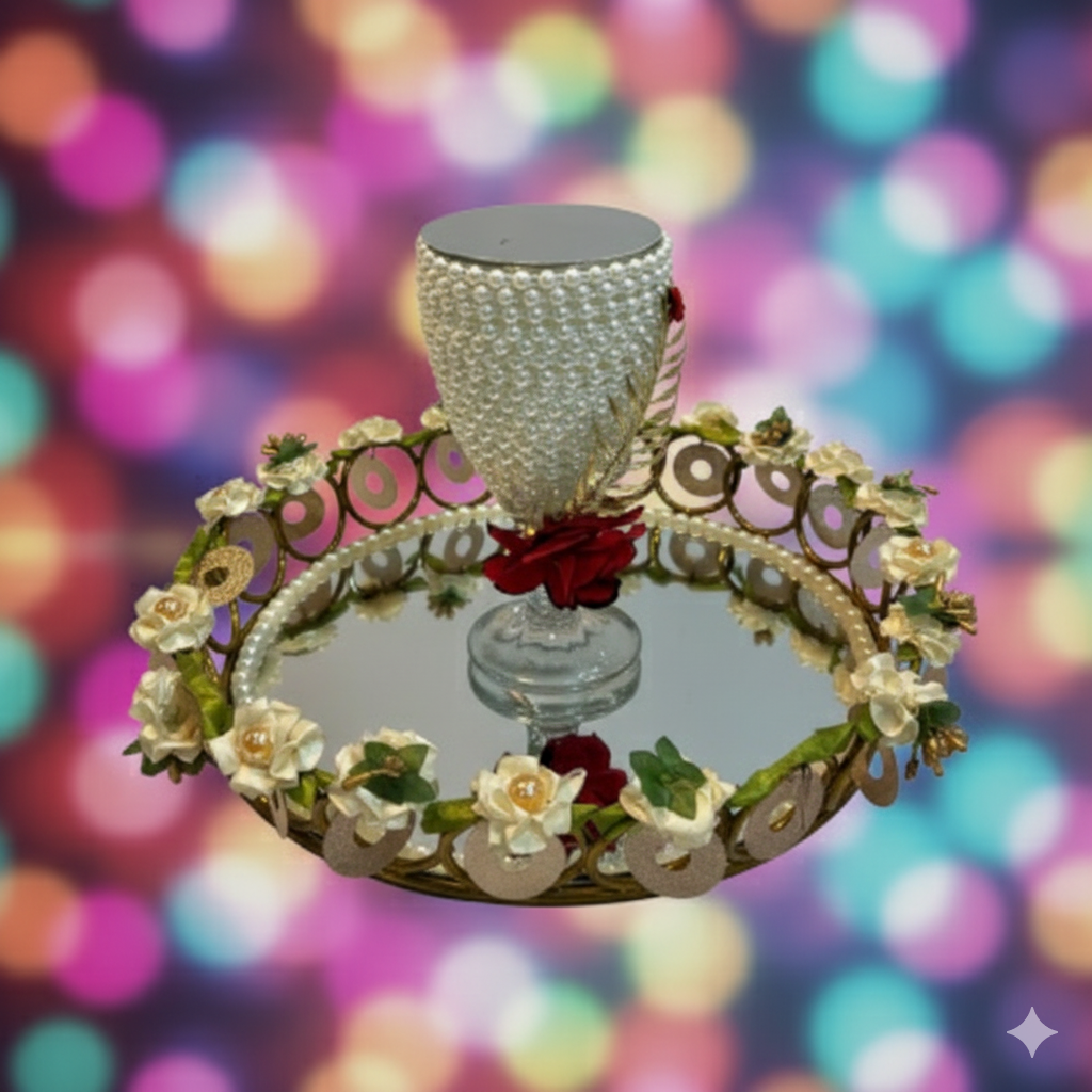 White Pearl Doodh Pilai Glass Special Mirror Metallic Tray