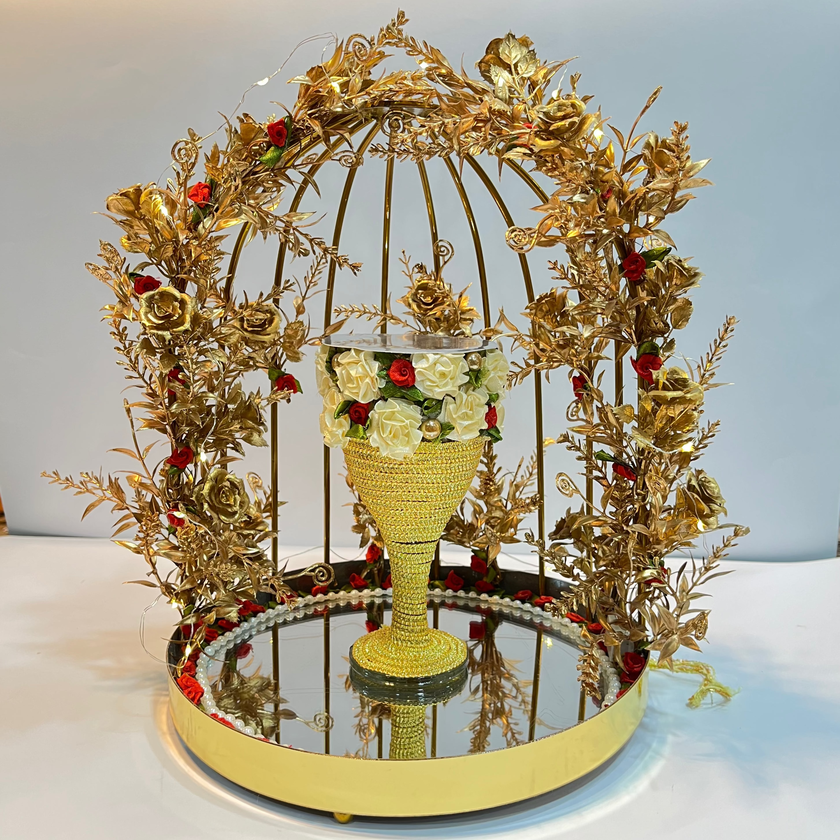 Royal Floral Golden Doodh Pilai Glass Set with LED Lights